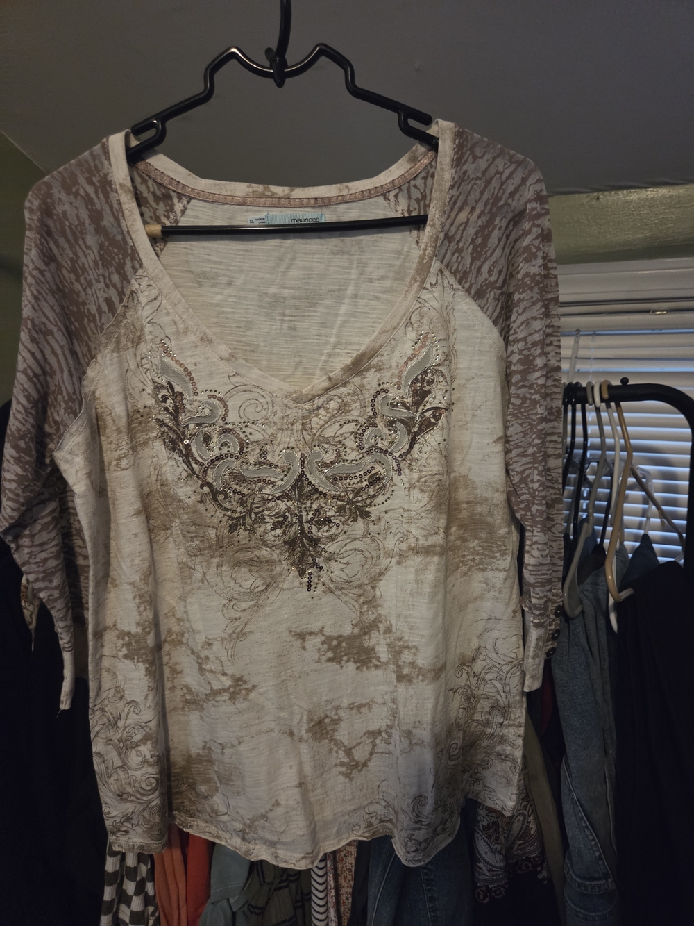 Maurices Beige & Taupe Embellished V-Neck Long Sleeve Top
